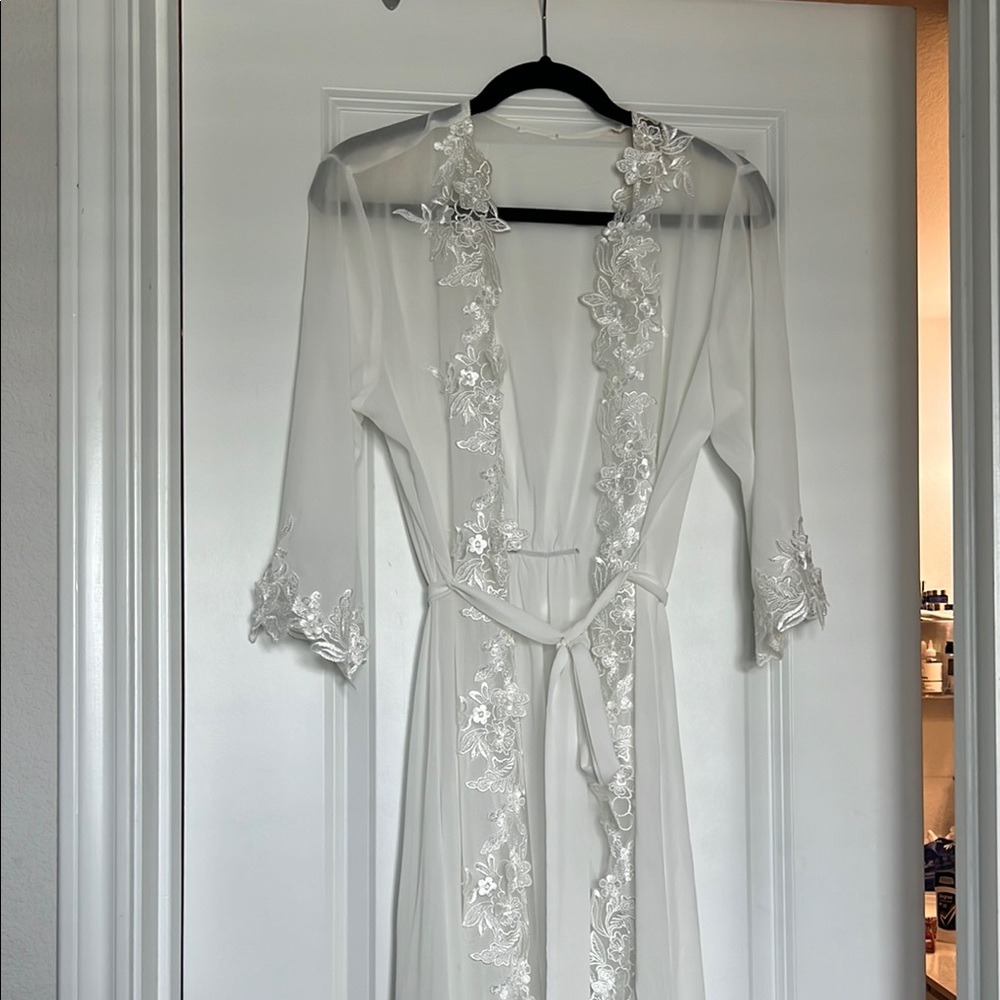 Elegant Sheer White Robe with Floral Lace